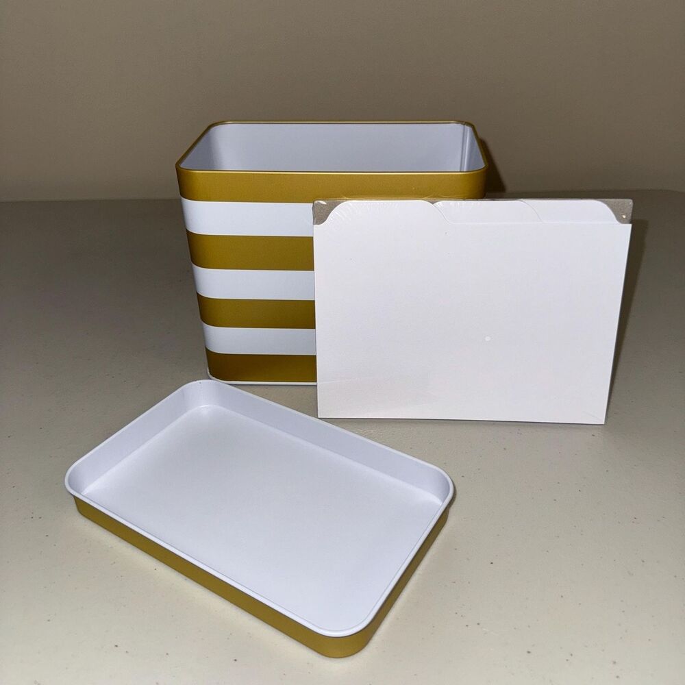 NWOT Stampin Up Note Card Organizing Tin Gold White Stripe Catalog Index Storage